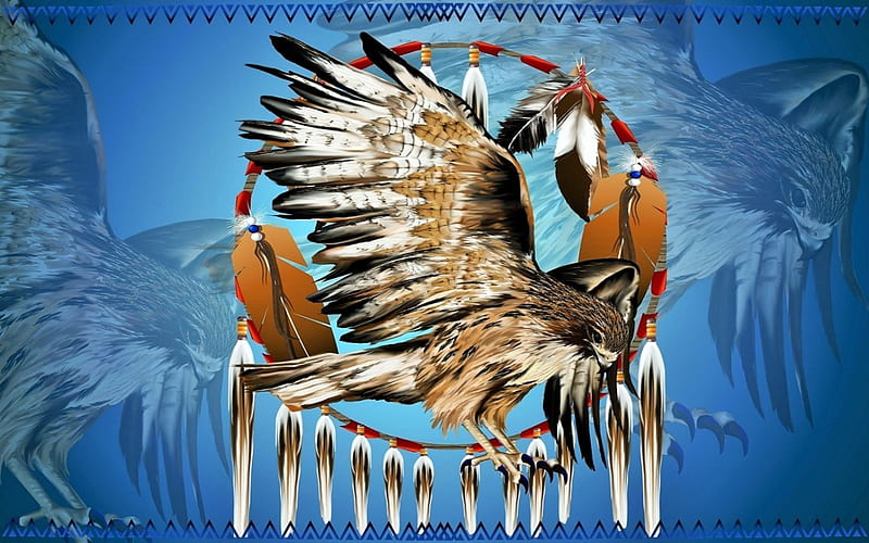 Eagle Dream Catcher, bird, dream catcher, eagle, Native Indian, blue, digitial, feathers, HD wallpaper