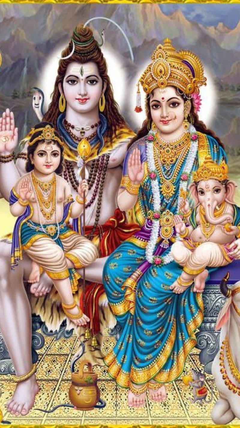 Shiv Parvati With Little Ganesh And Kartika, shiv parvati, little ganesh, kartika, HD phone wallpaper