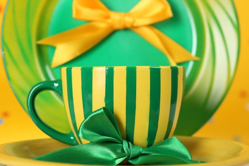 Home Style, bands, green ribbon, yellow and green, Yellow ribbon, plate, cup, colours, HD wallpaper