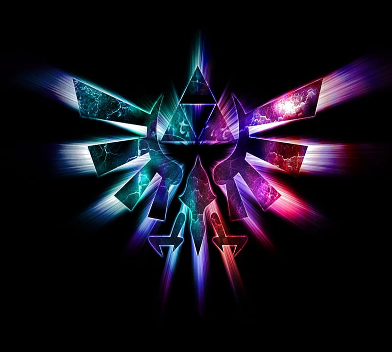 Neon Triforce, videogames, colors, black, triforce, green, purple, multicolor, zelda, neon, white, pink, light, blue, HD wallpaper