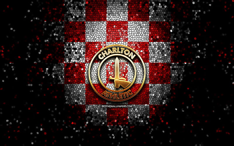 Charlton Athletic FC, glitter logo, EFL Championship, red white checkered background, soccer, english football club, Charlton Athletic logo, mosaic art, football, Charlton Athletic, HD wallpaper