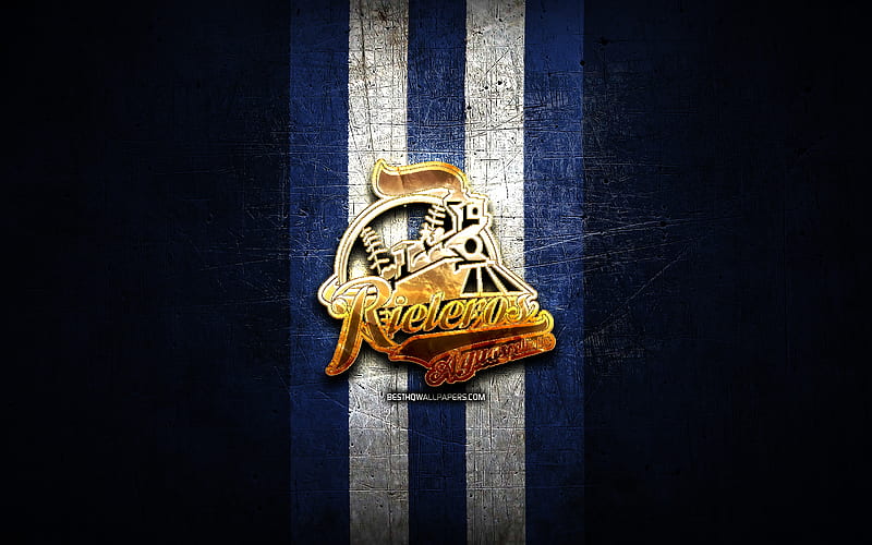 Rieleros de Aguascalientes, golden logo, LMB, blue metal background, mexican baseball team, Mexican Baseball League, Rieleros de Aguascalientes logo, baseball, Mexico, HD wallpaper