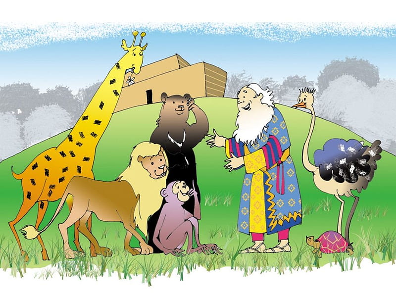 Noah and animals, monkey, noah, grass, bear, bible, giraffe, lion, animal, HD wallpaper
