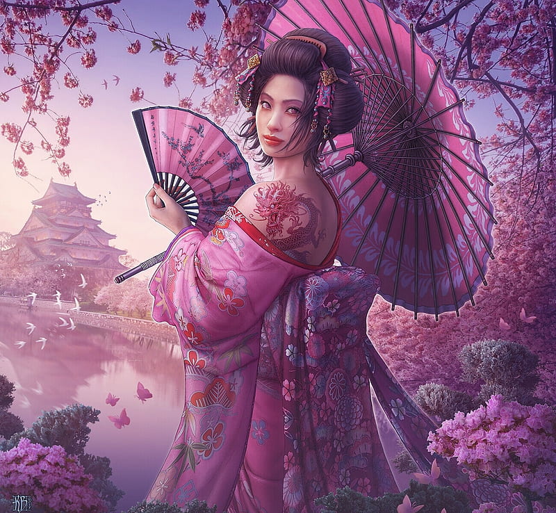Geisha, frumusete, luminos, umbrella, spring, hand fan, superb, kimono, kerem beyit, fantasy, evantai, girl, asian, parasol, pink, gorgeous, HD wallpaper