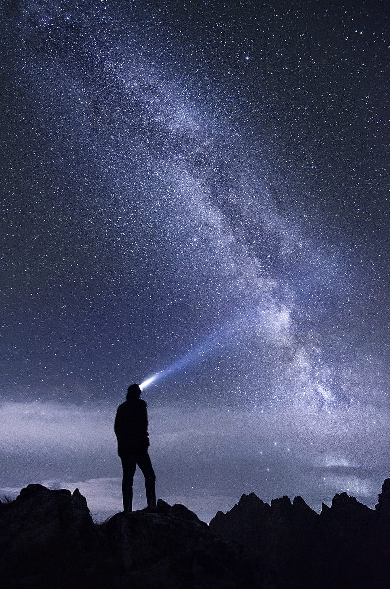 stars, space, night, vertical, men, purple, hiking, HD phone wallpaper