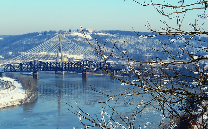 Blue Winter on the River, architecture, Ohio, winter, tree, Steubenville, water, Ohio River, bridge, nature, frozen, HD wallpaper