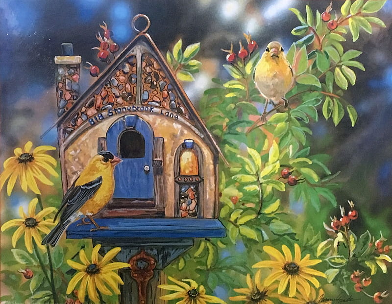 Birds, janene grende, bird, yellow, painting, pasari, pictura, art, house, green, flower, blue, HD wallpaper