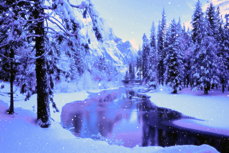 Lilac Landscape, Landscape, Forest, Stream, Lilac, Woodland, Snow, Nature, Winter, HD wallpaper
