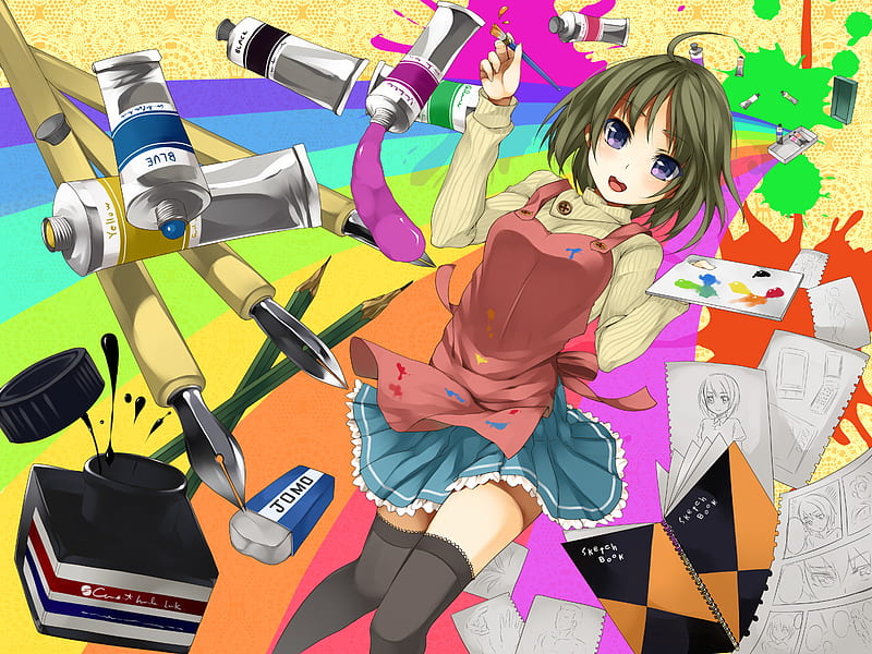 Anime, short hair, colorful, art, girl, skirt, rainbow, supplies, HD wallpaper