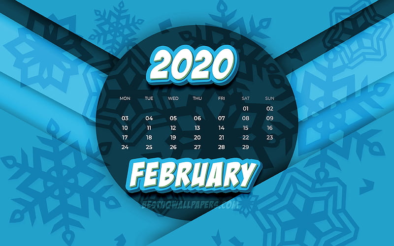 February 2020 Calendar comic 3D art, 2020 calendar, winter calendars, February 2020, creative, snowflakes patterns, February 2020 calendar with snowflakes, Calendar February 2020, blue background, 2020 calendars, HD wallpaper