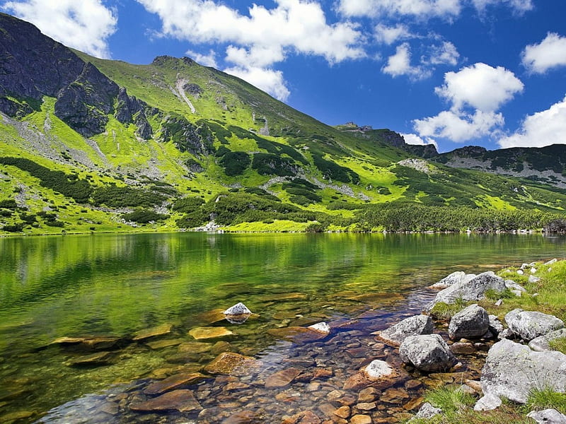Alpine Lake, rocks, lakes, bonito, alps, sky, alpine, nice, cool, water, green, mountains, reflections, HD wallpaper