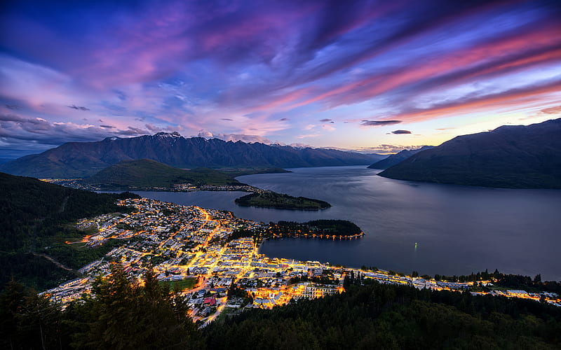 Cities, Sunset, Night, Mountain, Lake, New Zealand, Light, Town, Man ...