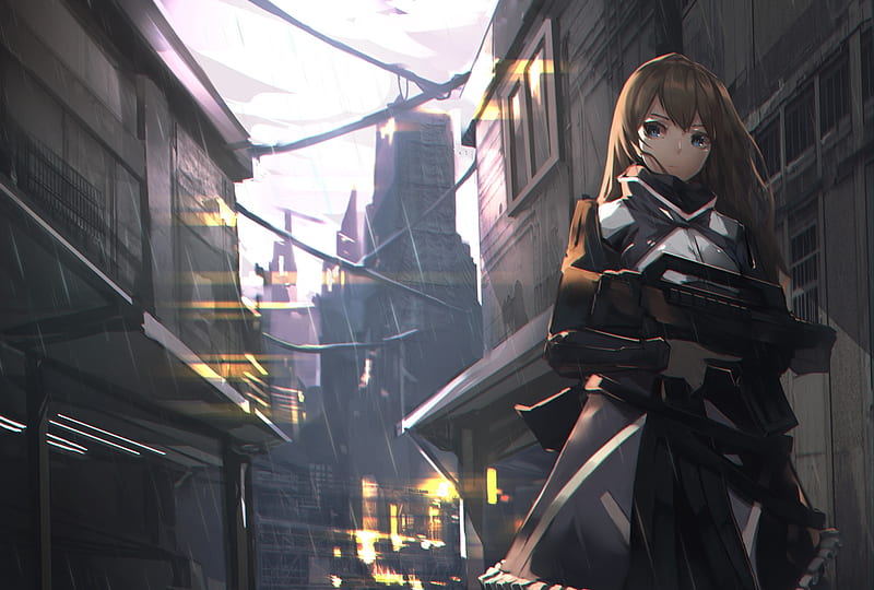 futuristic anime girl, outfit, raining, street, buildings, gun, Anime, HD wallpaper