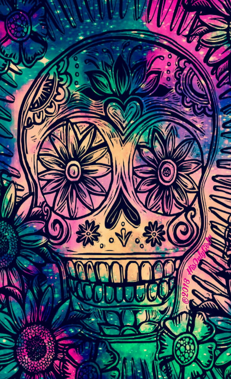 Skull, bright, colorful, cute, dayofthedead, flowers, peace, sugar skull, sugarskull, symbol, HD phone wallpaper