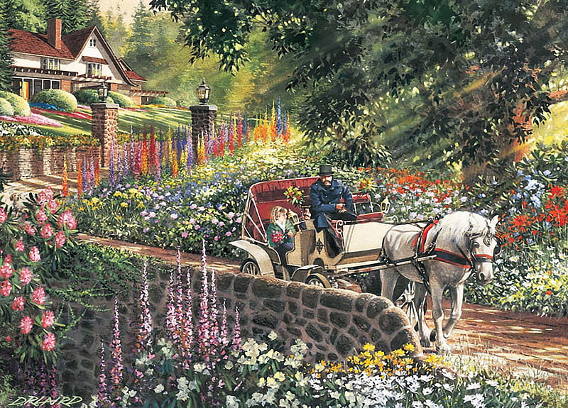 Carriage Ride, summer, garden, flowers, river, coach, horse, house, artwork, bridge, painting, vintage, HD wallpaper