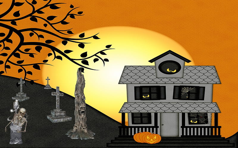 Halloween F, gray, orange, Moon, holiday, yellow, black, HD wallpaper