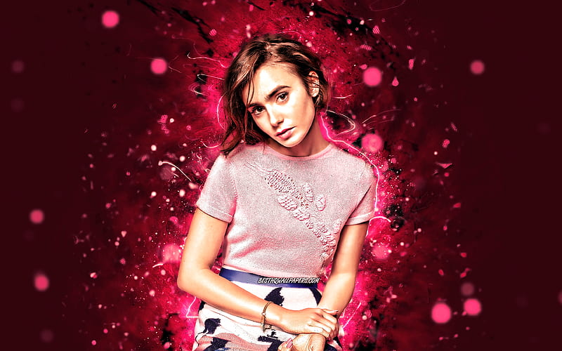 Lily Collins purple neon lights, Hollywood, american celebrity, Lily Jane Collins, movie stars, beauty, american actress, Lily Collins, HD wallpaper