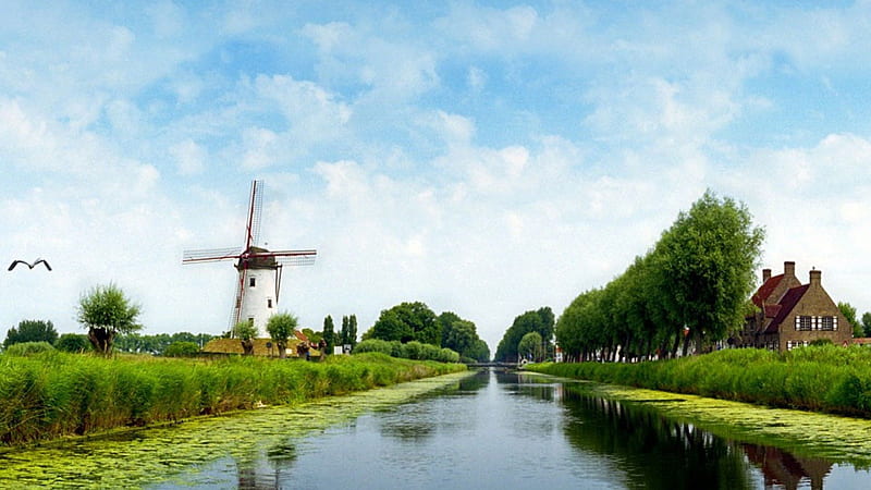 windmills skyscapes, south holland, in, windmills, kinderdijk, netherland, HD wallpaper