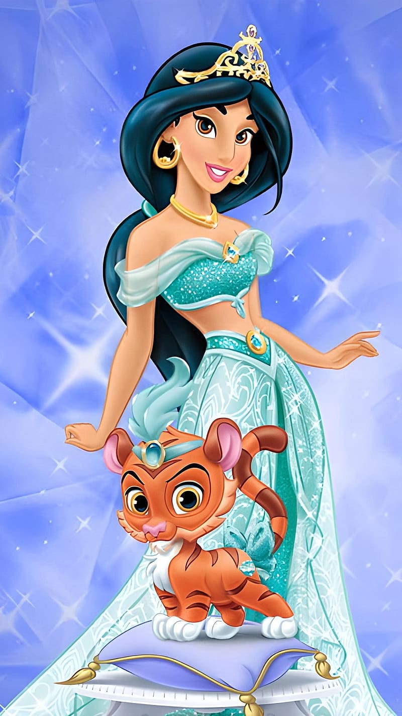 All Disney Princess, Jasmine With Tiger, jasmine, tiger, animated, HD phone wallpaper