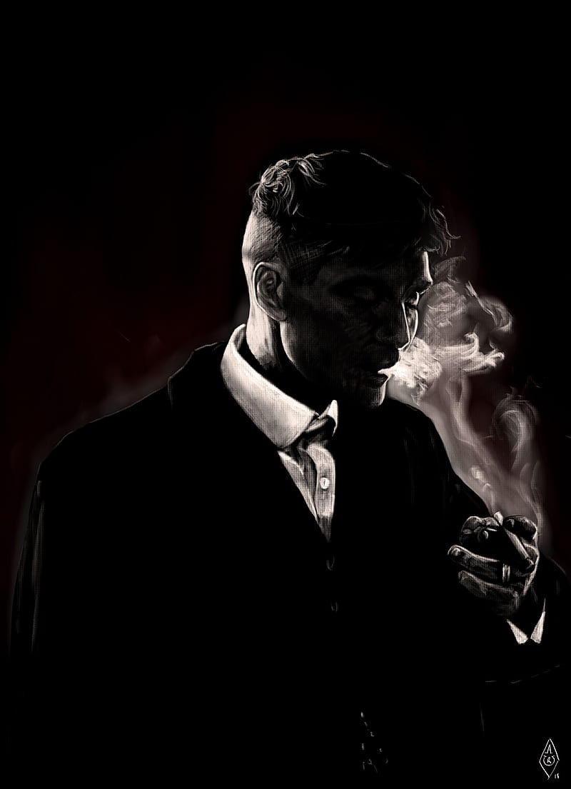 Smoking Tommy Shelby, black, cool, film, movie, peaky blinders, series, smoke, tommy shelby, HD phone wallpaper
