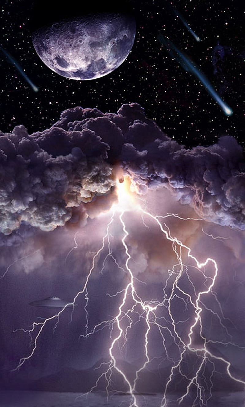 Thunder, cosmos, lightning, moon, HD phone wallpaper