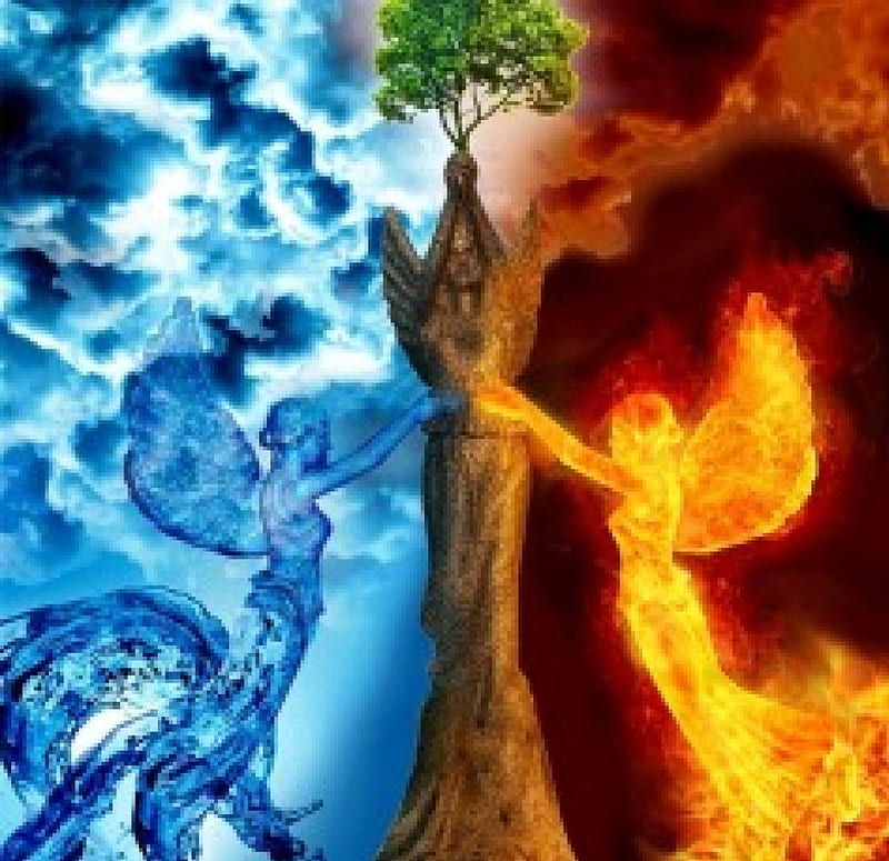 Fantasy Ice and fire, fire, tree, plant, ice, nature, earth, theme, HD wallpaper