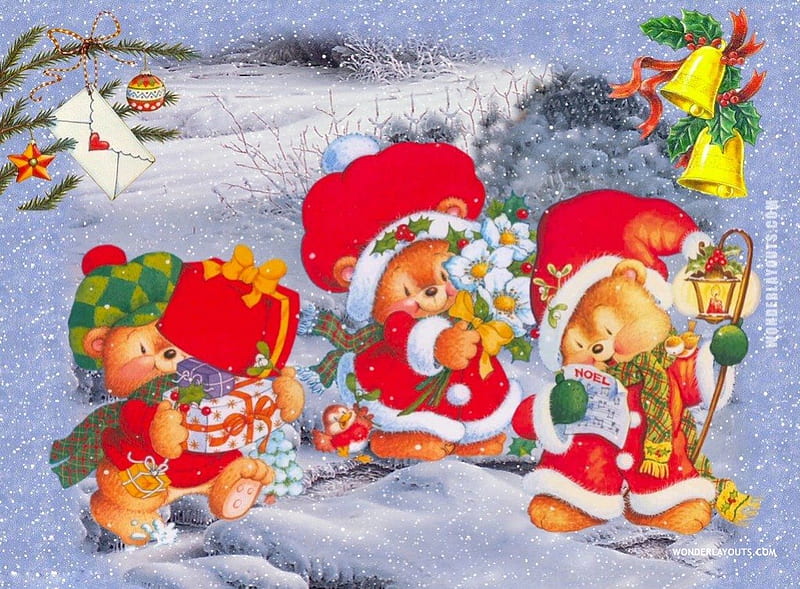 Christmas Carols, cartoons, christmas, snow, bears, cartoon, carols, animacion, winter, HD wallpaper