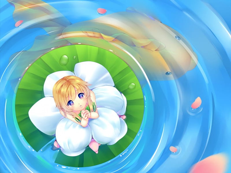 Thumbelina, fish, adorable, fantasy, blue white, anime, anime girl, top, disney, look, gown, blonde, chibi, cute, water, fairy tales dress, blond, small, blossom, green, female, blonde hair, blond hair, pond, kawaii, mini, tiny, girl, flower, petals, looking, HD wallpaper