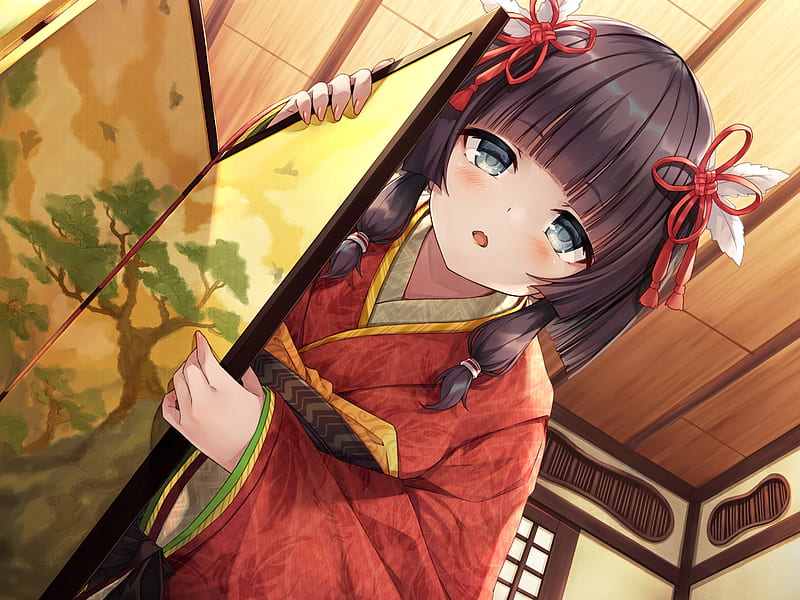 cute anime girl, brown hair, kimono, blushes, Anime, HD wallpaper