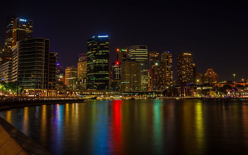 Australia, skyscrapers, reflection, night, Sydney, HD wallpaper