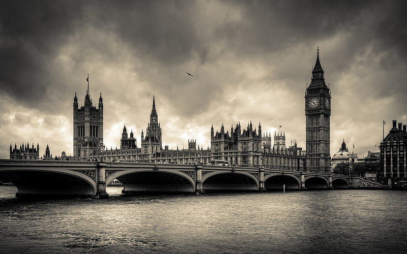 London, architecture, thames, buildings, bridges, black and white, sky, clouds, nature, big ben, rivers, HD wallpaper