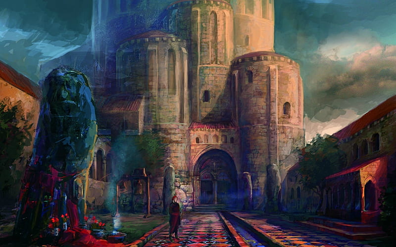 The castle, red, art, luminos, the witcher, game, lion, fantasy, castle, blue, HD wallpaper