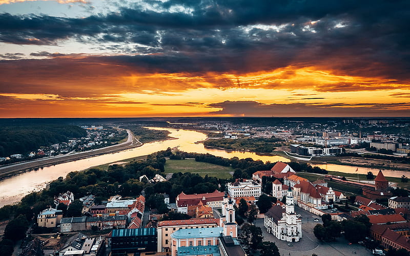 Kaunas, cityscape, summer, evening, Neman river, Lithuania, HD wallpaper