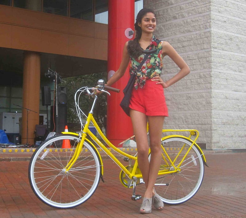model next to yellow bicycle, cute, girl, teen, hot, sexy, HD wallpaper