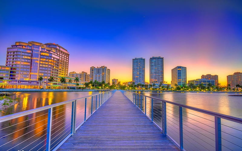 West Palm Beach, Florida, buildings, pier, sunset, sky, sea, HD wallpaper