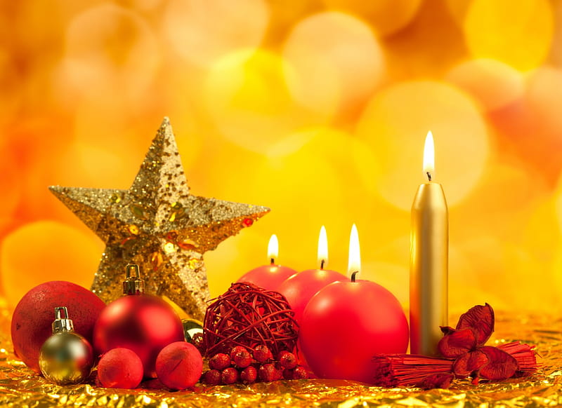 Happy Holidays, red, holidays, golden, decor, lights, candles, merry christmas, balls, party, bells, star, HD wallpaper
