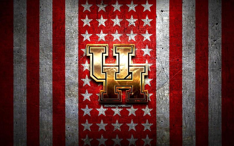 Houston Cougars flag, NCAA, red white metal background, american football team, Houston Cougars logo, USA, american football, golden logo, Houston Cougars, HD wallpaper