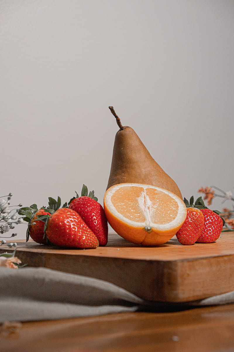 orange, strawberry, pear, fruit, still life, HD phone wallpaper