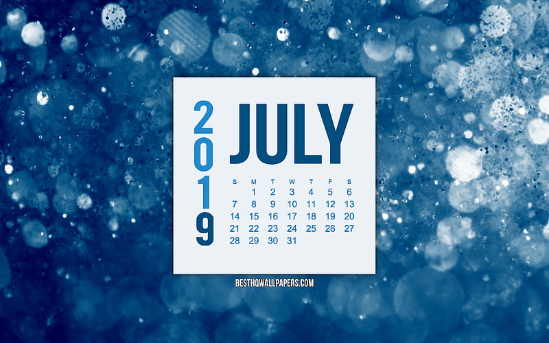 July 2019 calendar, blue motion blur background, creative blue background, 2019 calendars, July, 2019 concepts, blue 2019 July calendar, HD wallpaper