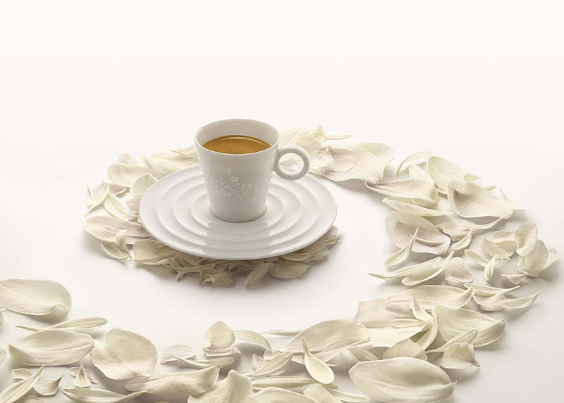 Smell The Flowers In This Cup!, good morning, delicious, cop of coffee, fresh, pure white, desenho, entertainment, smell, flowers, petals, morning, fashion, white, HD wallpaper