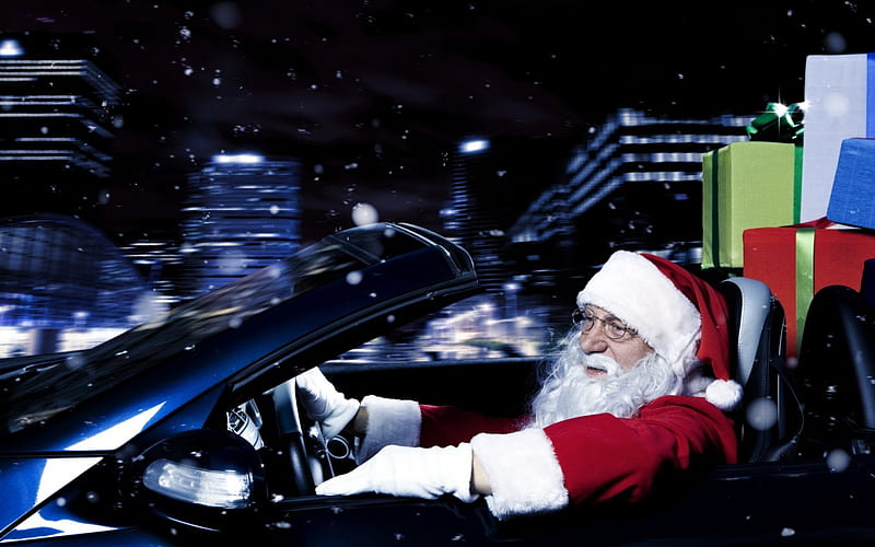 Modern Santa, red, christmas, man, gift, old, hat, santa, ride, car, blue, night, HD wallpaper