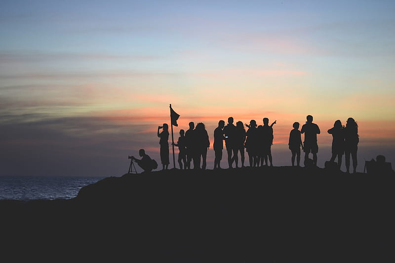 silhouette graphy of people gathered together on cliff, HD wallpaper