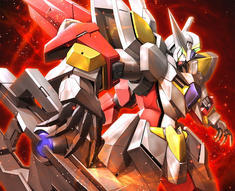 Reborns Gundam, red, twin drive system, particle, gundam 00, ribbons almark, gundam, mecha, gn, anime, HD wallpaper