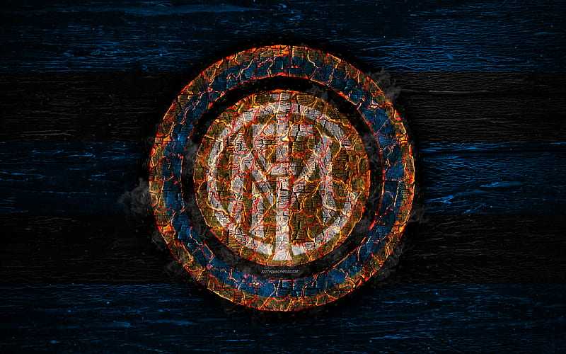 Inter Milan FC fire logo, Serie A, football, grunge, Italian football club, soccer, logo, Internazionale, wooden texture, Milan, smoldering tree, Italy, FC Inter Milan, HD wallpaper