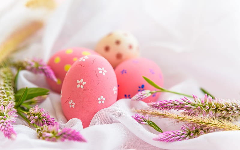 Pink Easter eggs, spring purple flowers, Easter, pink fabric, Easter background, HD wallpaper