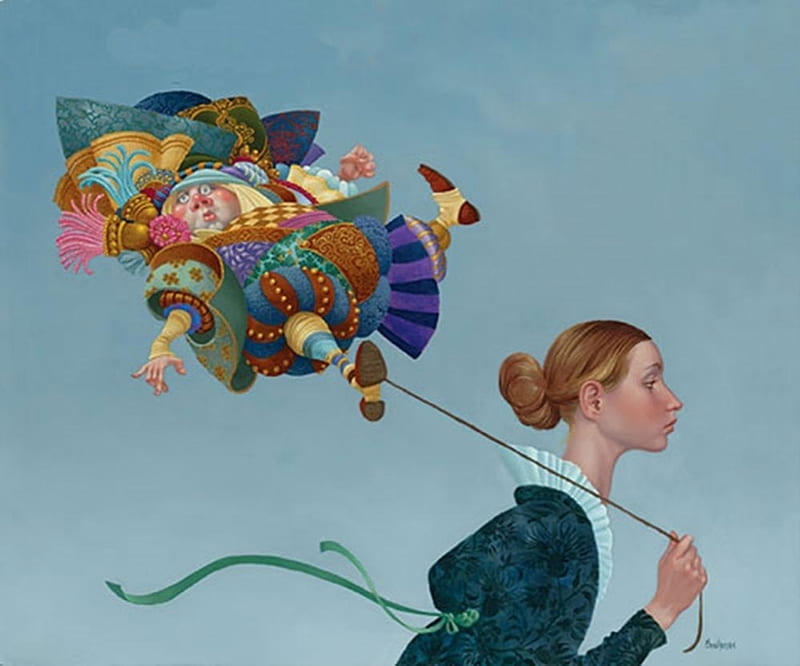 Poofy guy on a short leash, art, balloon, girl, painting, james c christensen, pictura, surreal, blue, funny, HD wallpaper