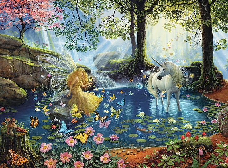Mystical meeting, forest, fantasy, luminos, girl, unicorn, lake, fairy, HD wallpaper