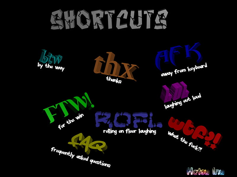 shortcuts, colorful, btw, colorful, rofl, shortcut, ftw, afk, 1600x1200, lol, wtf, faq, colored, color, thx, HD wallpaper