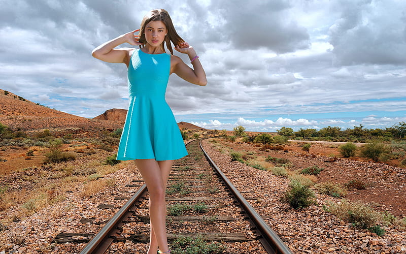 Maria Ryabushkina, brunette, railway, desert, dress, model, HD wallpaper