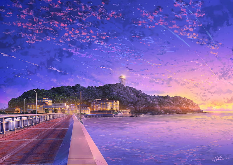 Summer night, stars, luminos, manga, sky, sea, niko, anime, summer, road, pink, blue, night, HD wallpaper